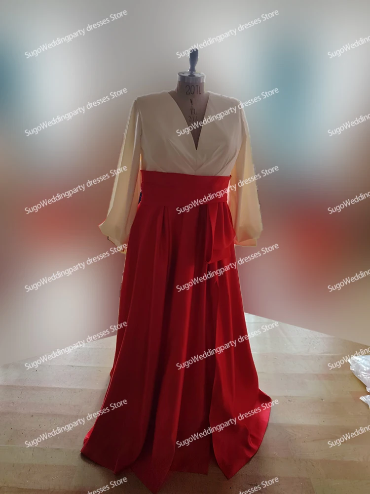 A-Line Evening Gown  Formal Red Green Dresses Long Sleeve V Neck Satin with Pleats Slit 2024 customized