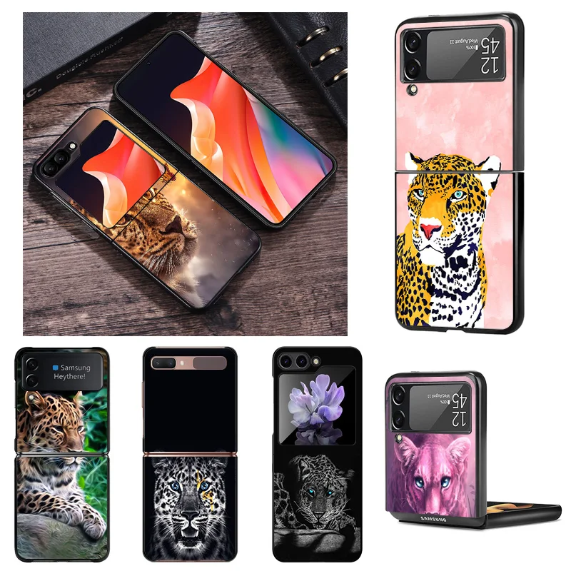 Black Phone Cases for Samsung Z Flip 6 5 4 3 Pink Leopard Flower Hard Galaxy ZFlip6 Flip5 Flip4 Flip3 Mobile Phone Shell Cover