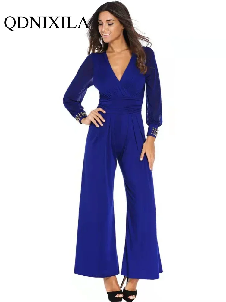 Nieuw In De Lente Zomer Jumpsuit Voor Dames Zwart V-Hals Mesh Splicing Rechte Eendelige Jumpsuit Sexy Streetwear Kleding