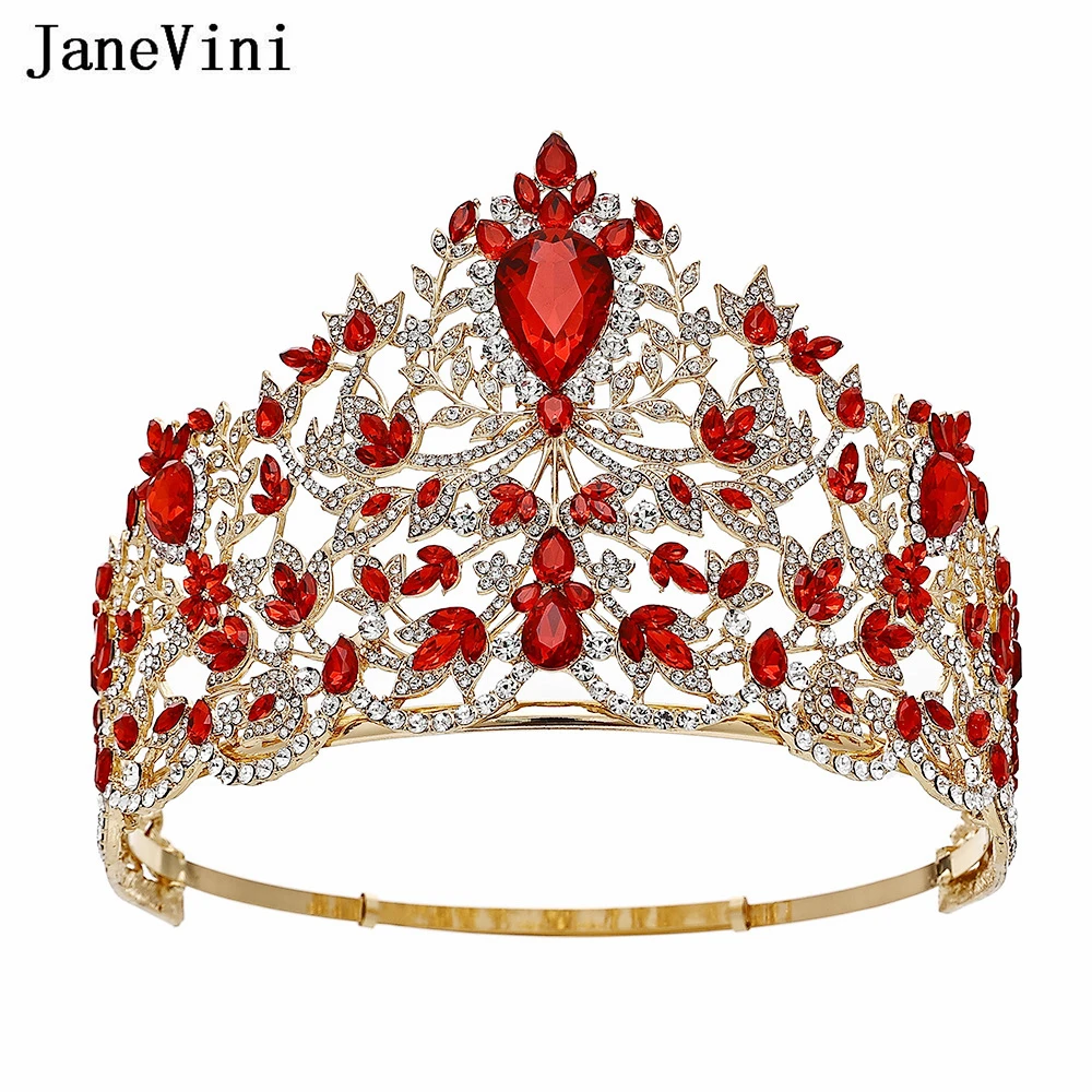 

JaneVini Sparkly European Red Crowns and Tiaras Miss Universe Paraguay Crown Bridal Wedding Hair Jewelry Rhinestone Hairwear