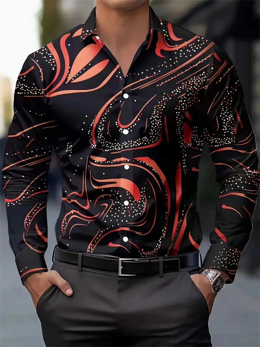 Men's Shirt Abstract Swirl Rhinestone‑Effect Print Long Sleeve Button‑Down Top Nightclub Party Street Mens Clothing
