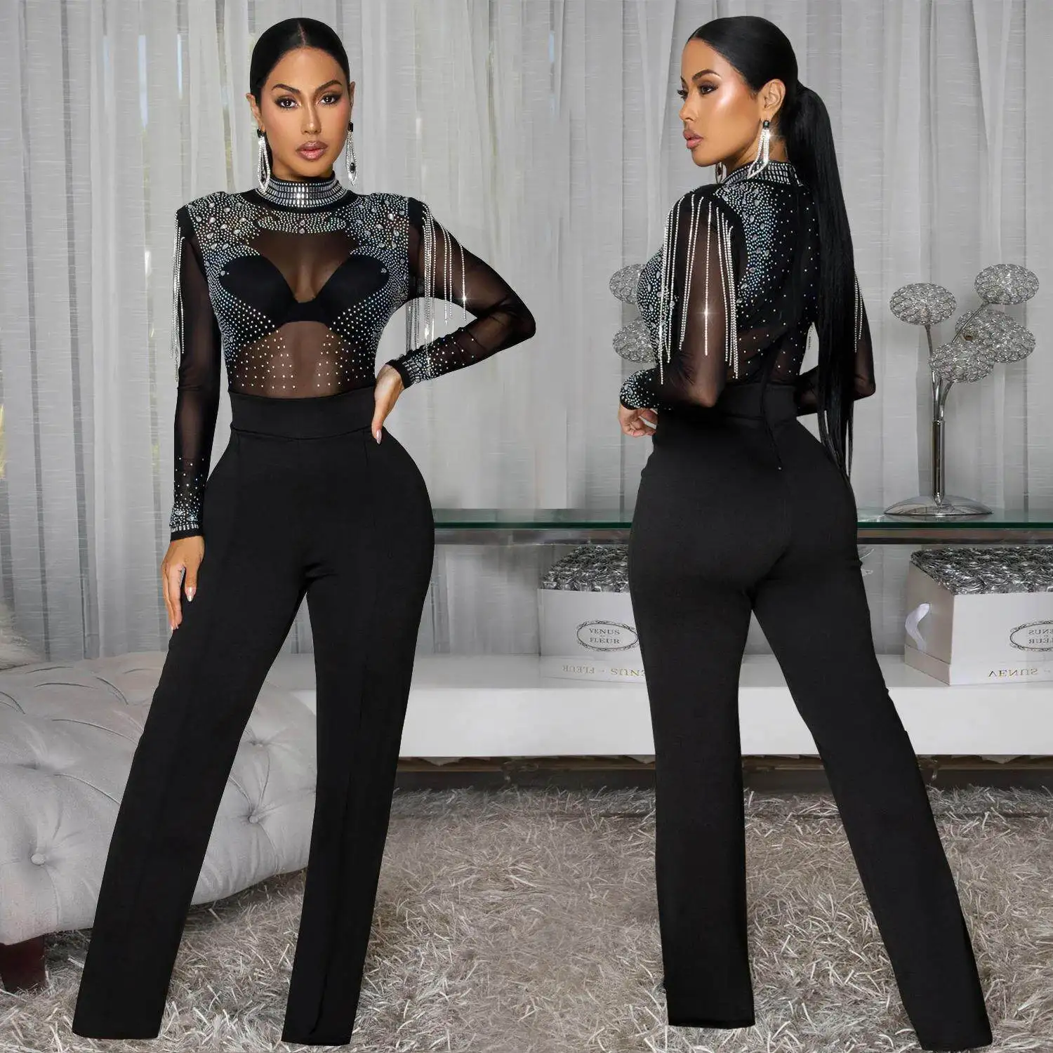 

Sexy See-through Mesh Long Sleeve Onesie with Hotfix Rhinestones Fashionable Autumn Wear for Women Cross-border Long Pants