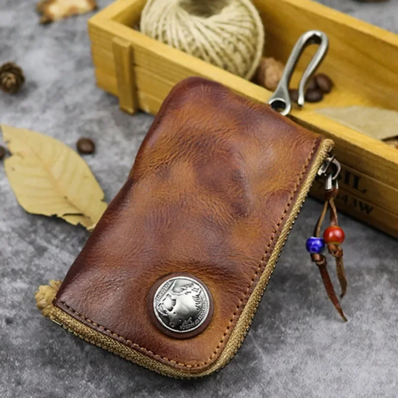 Leather Key Bag Mini Medieval Pouch Keychain Coin Organizer Change Holder Genuine Leather Zipper Key Fob Pouch for Men & Women