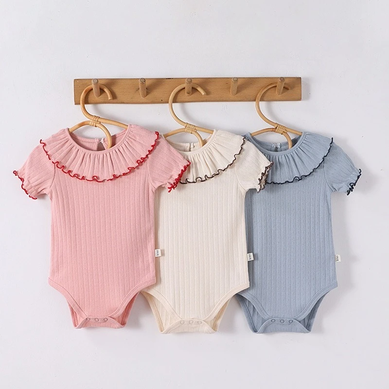 Baby Girls' Summer Triangular Bodysuit Pure Cotton Baby Bodysuit with Cute Ruffled Collar Thin Clothing  Infant Outings Trend