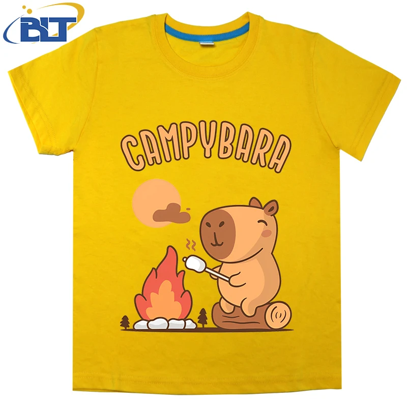 Campybara-camiseta estampada fofa para crianças, algodão, manga curta, tops casuais para meninos e meninas, verão