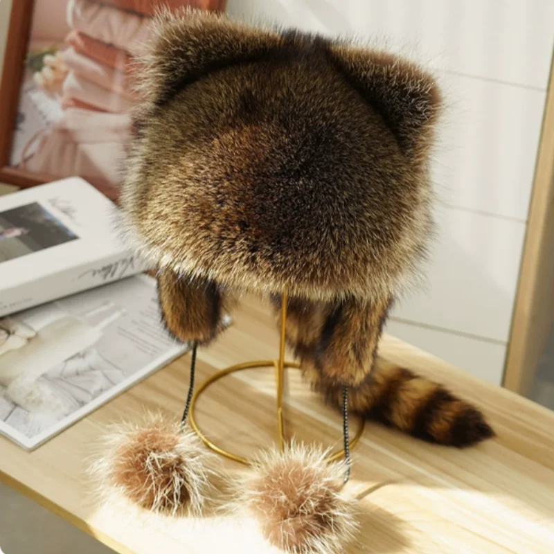 

Raccoon fur hat American raccoon king hat winter warmth and antifreeze for children parent child fox fur hat suitable adults new