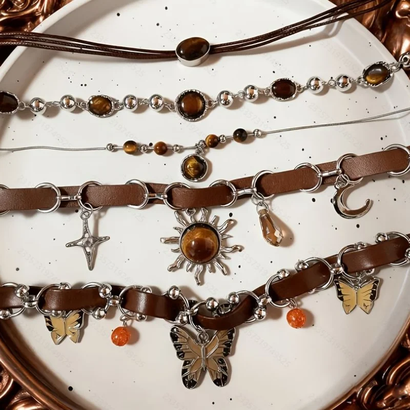 5Pcs Bohemian Necklace Set Sun Butterfly Moon Star Charm Brown Leather Rope Chain Women's Aesthetic Layered Jewelry