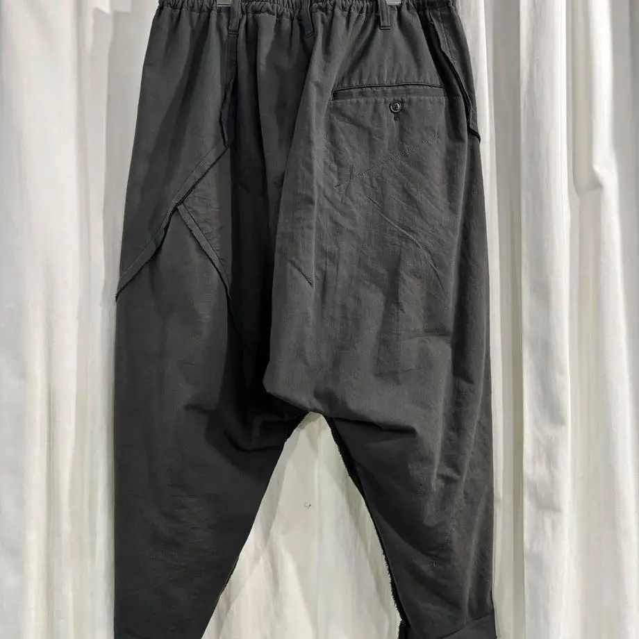 TOP-YAMAMOTO ® Retro-style Patchwork Design Carrot Pants for Men, Loose Fit with Drawstrings, Casual Long Pants, Black