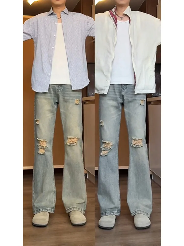 

Мужские джинсы прямого кроя в стиле ретро, синие, с эффектом потертости и рваными элементами, в американском уличном стиле, зауженные, повседневные, летние