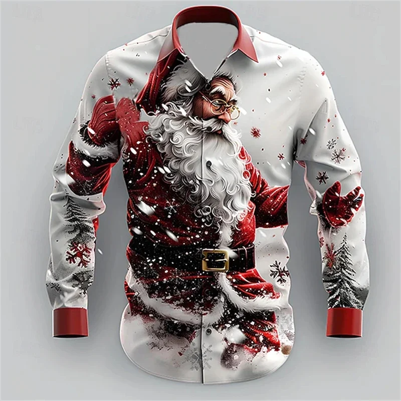 

2025 Father Christmas Casual Men's Shirt Daily Wear Autumn/Winter Lapel Long Sleeve Quarter Stretch Fabric Christmas Party Shirt