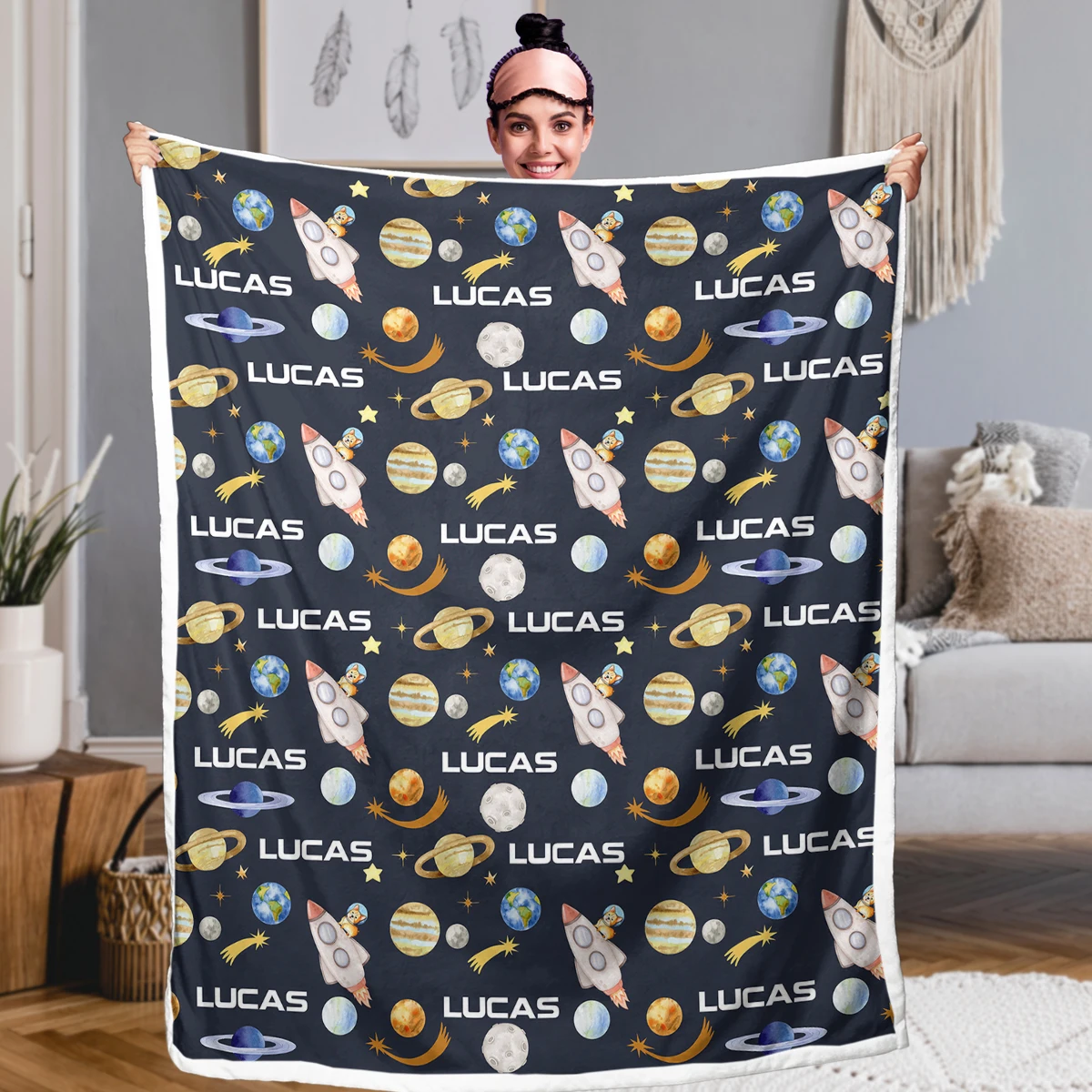 Rocket and Satellite Design Sherpa Fleece Blanket for All Seasons Soft Blanket For Home Bedroom Sofa Decor