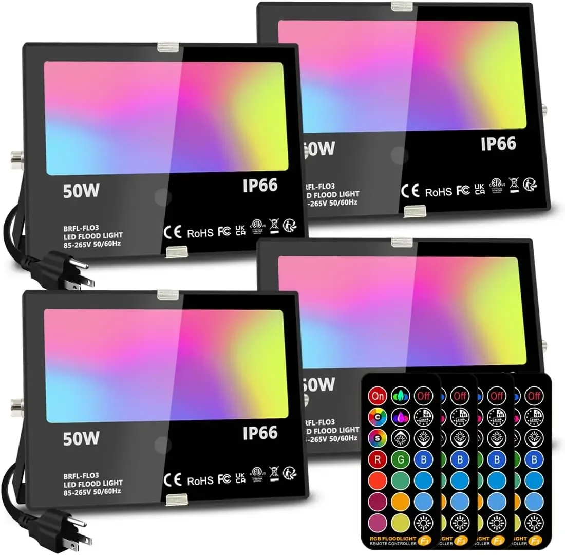 

50W RGB LED Flood Light Outdoor, Color Changing Landscape Lighting with Remote, Timing, 12 Colors, 4 Modes, IP66, Pack of 4