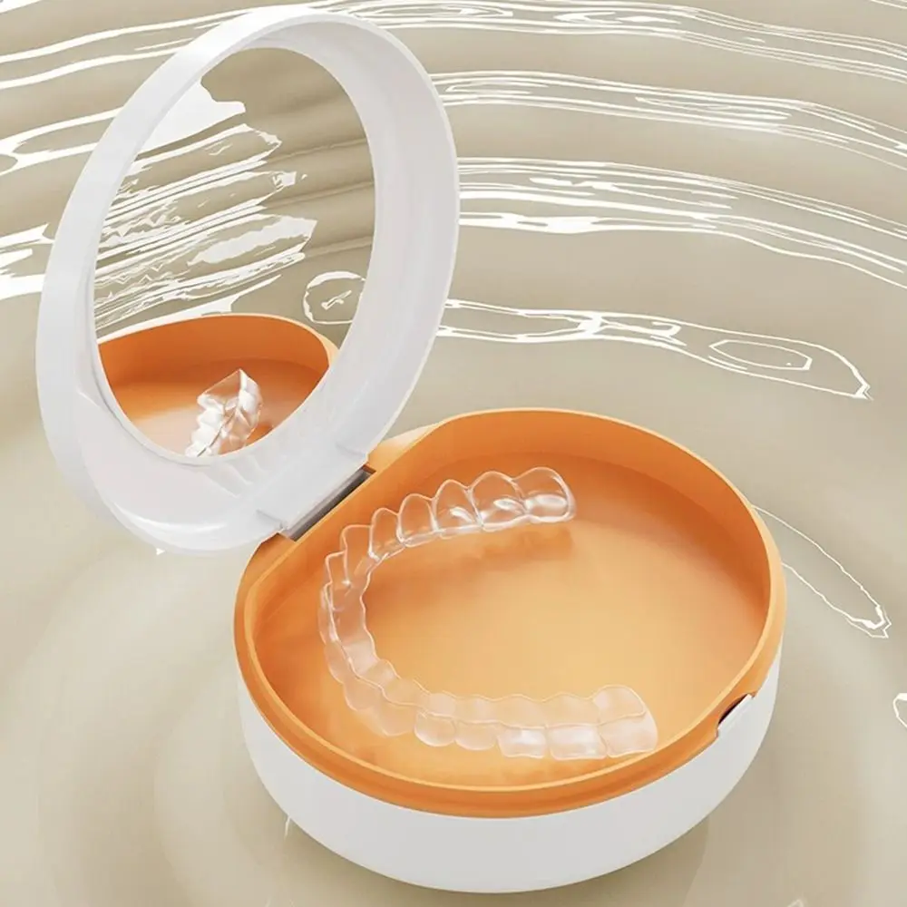 Double Layer Orthodontic Retainer Case Mouthguard with Mirror False Teeth Box Cleaning Tooth Soaking Denture Bath Storage Box