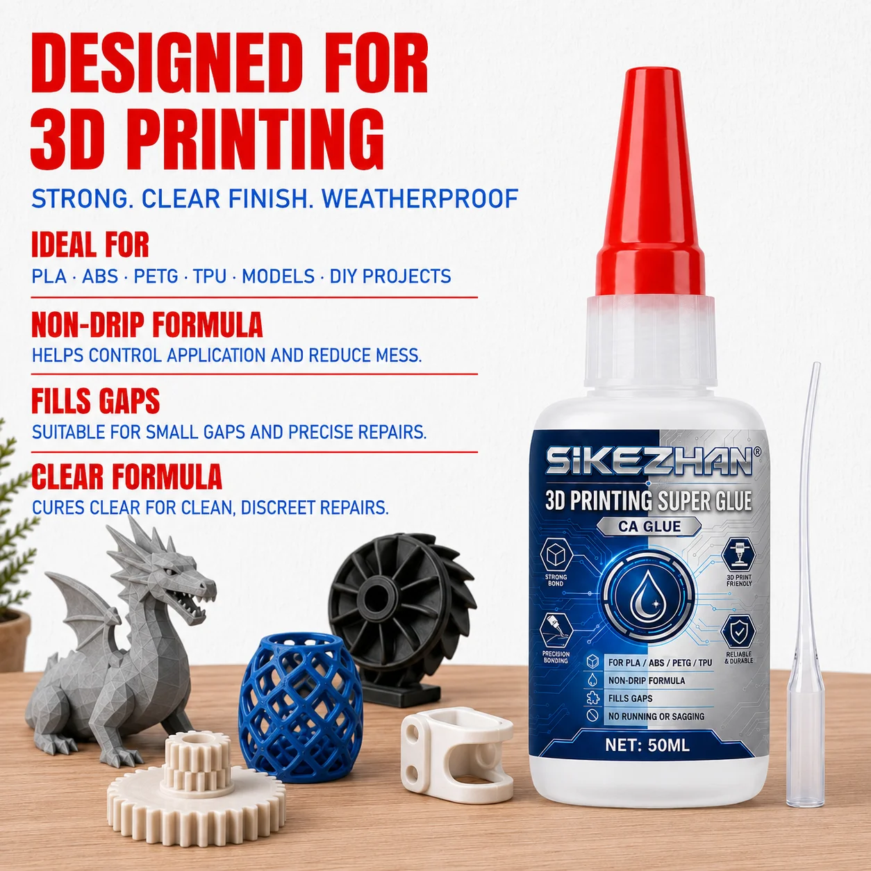 SIKEZHAN 3D Printing Super Glue 50ml CA Adhesive Strong Bond Non-Drip Precision Tip for PLA ABS PETG TPU Gap Filling Fast Dry