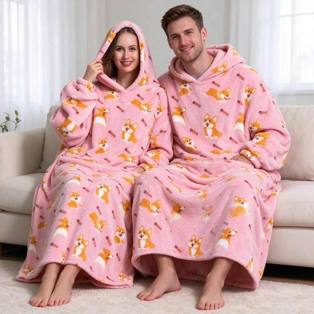 Warm Fluffy Wearable Blanket Hoodie for Adult Cozy Flannel Hooded Blanket with Pocket Thermal Comfort Cartoon Oversized Homewear