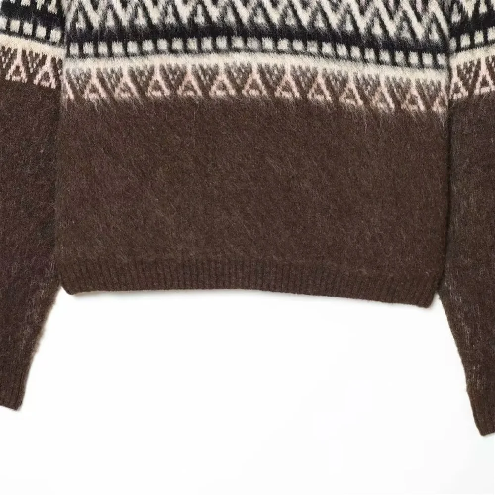 الخريف والشتاء المرأة الجديدة الرجعية فضفاضة جولة الرقبة طويلة الأكمام بالفرشاة تأثير الجاكار محبوك قميص