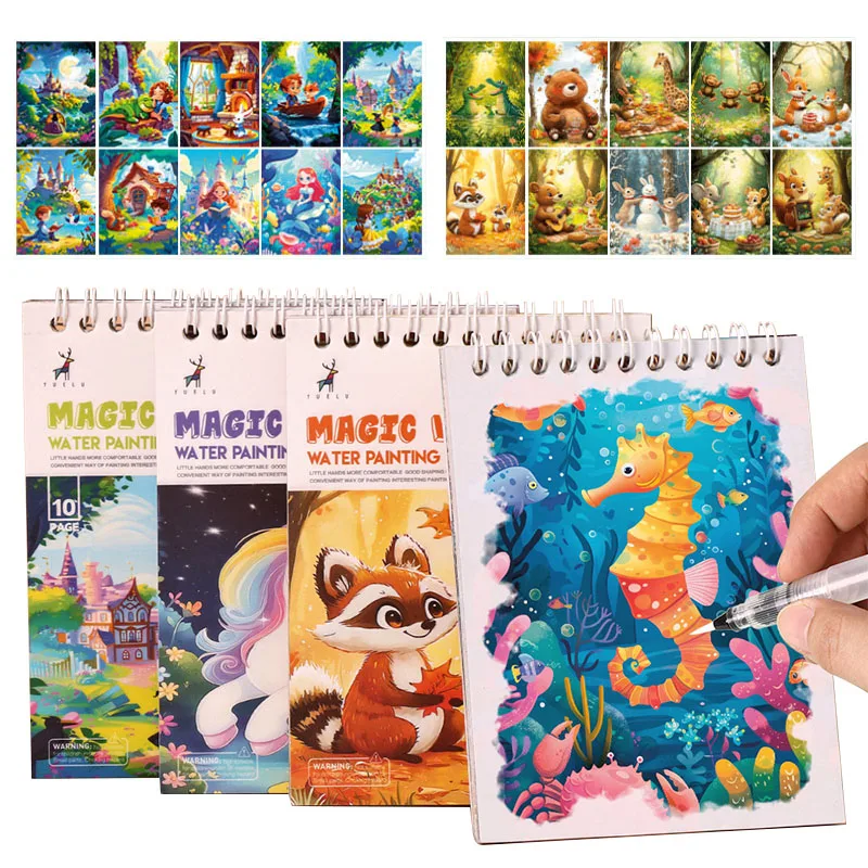 Magic Water Doodle Books Kids Toddlers Drawing Toys Cute Cartoon Unicorn Ocean Forest Animal Reusable Water Painting Cardboard