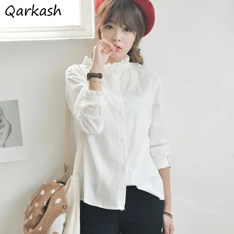 

White Shirts Women Spring Autumn Ruffles Collar Long Sleeve Japanese Cotton Linen Preppy Style Sweet Simple All-match Casual New