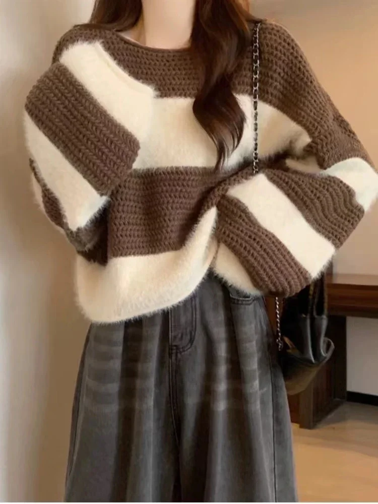 

Autumn Wide Striped Knitting Shirts for Women Fashion Female Sweater Short Design Lady Loose Casual Pullovers Winter Clothes