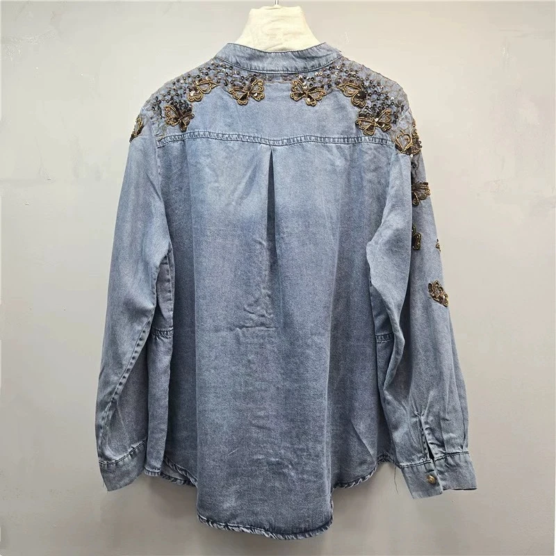 Heavy Work Beaded Butterfly Denim Shirt Jacket Blue Light Blue Autumn Women Loose Casual Round Neck Long Sleeve Jean Jacket Coat