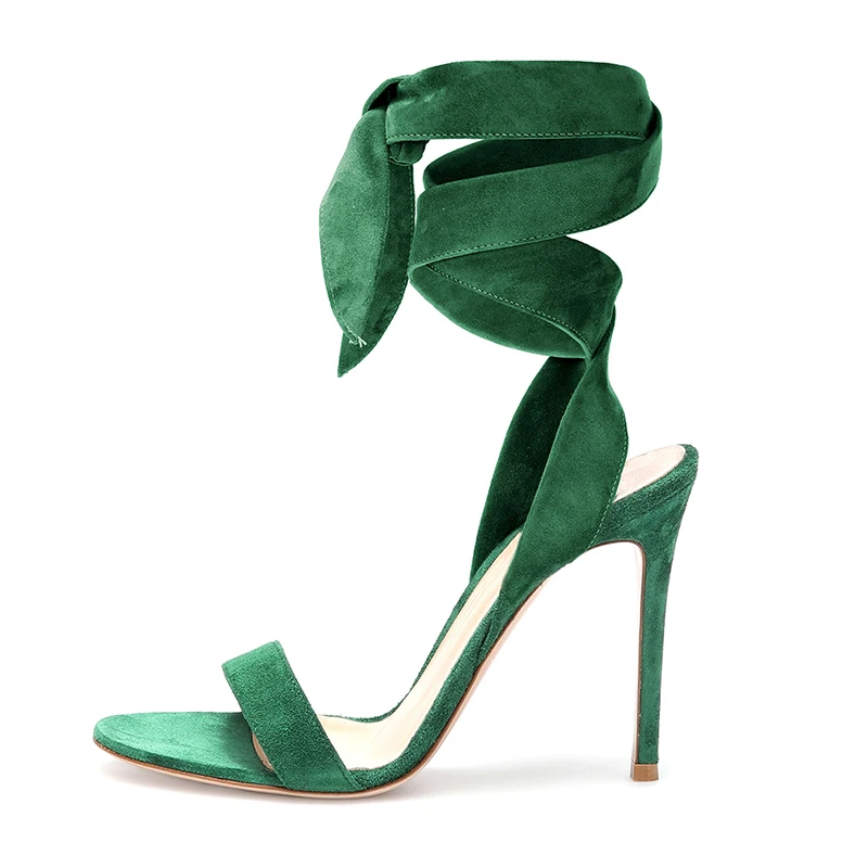 

Elegant Summer Sandals 2022 for Women Stiletto High Heels Party Dress Shoes Green Brown Faux Suede Large Size Heeled Ankle Strap