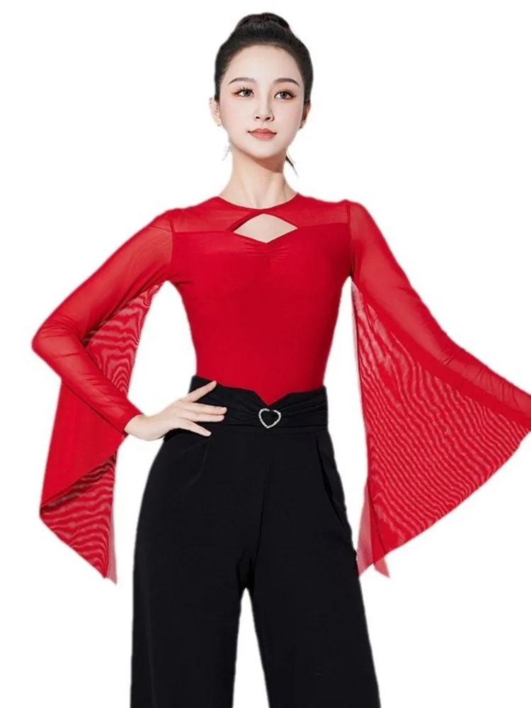 Stretch Sheer Panel Dance Top Flared Sleeve Blouse Women Stage Latin Salsa Practice Hollow Out Design Performance