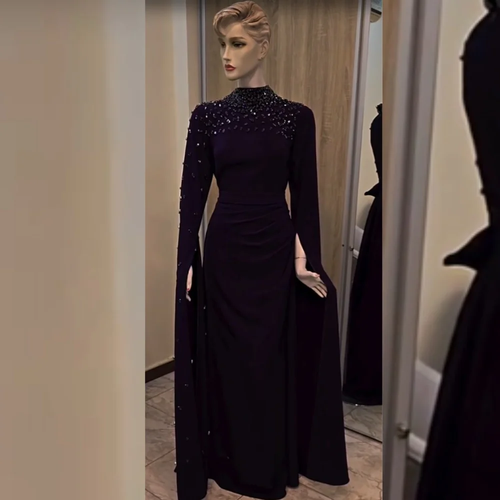 

Customized Elegant Jersey Sequined Pleat A-line High Collar Long Dresses Bespoke Occasion High Quality