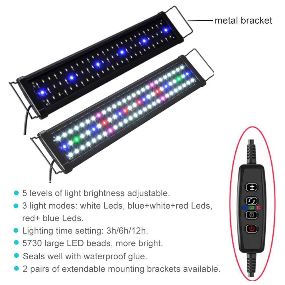 Full Spectrum LED Aquarium Light, 6W-25W, 30-120cm, Extendable Brackets, WRGB 7 Light 2 Modes, Timing , Fish Tank Plant Light