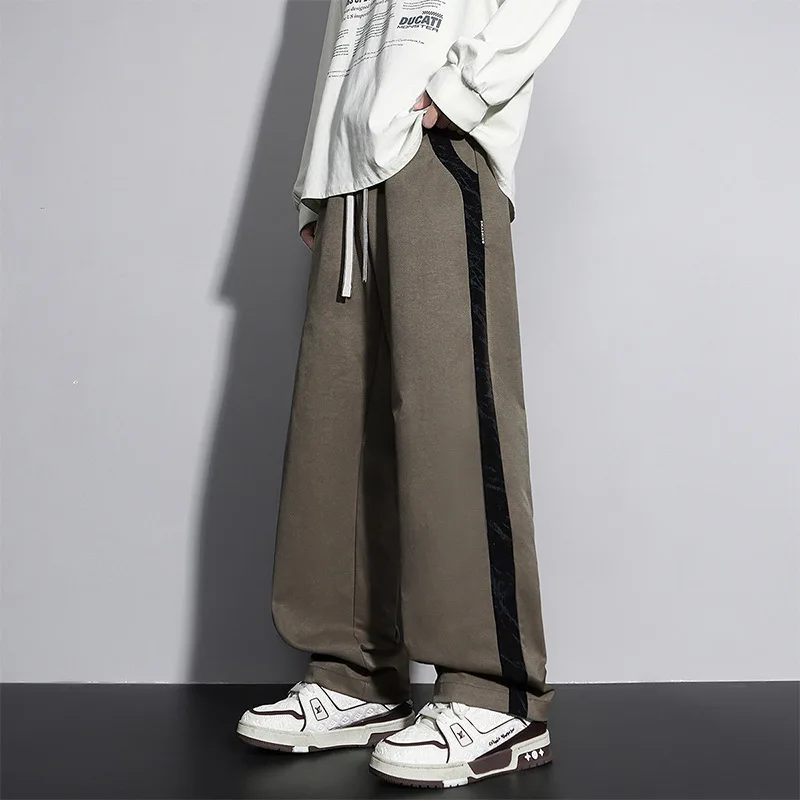 2025 New Spring Men's Sweatpants Wide Leg Straight Loose Pants Korean Fashion Patchwork Knit Long Track Trousers Plus Size 8XL