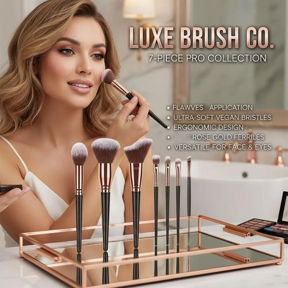 Makeup Brush Set 7 Pcs Vegan Synthetic Bristles Multi Function Face Eye Cosmetic Brushes Travel Kit For Beginner Beauty Lovers