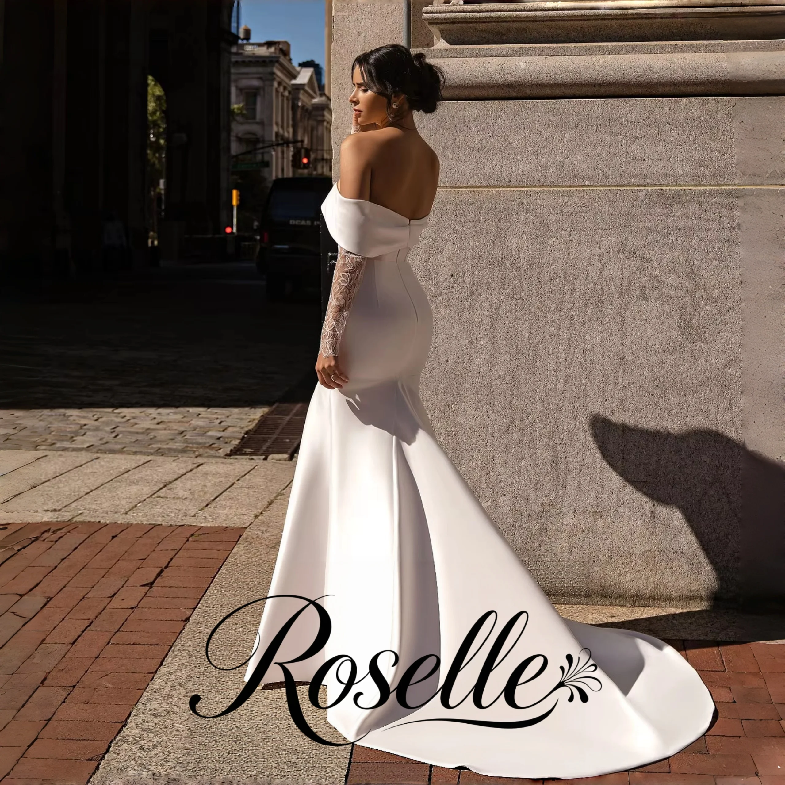 ROSELLE Simple Off Shoulder Elegant Mermaid Wedding Dress High Side Slit Sweep Train 2026 Bridal Customized свадебное платье
