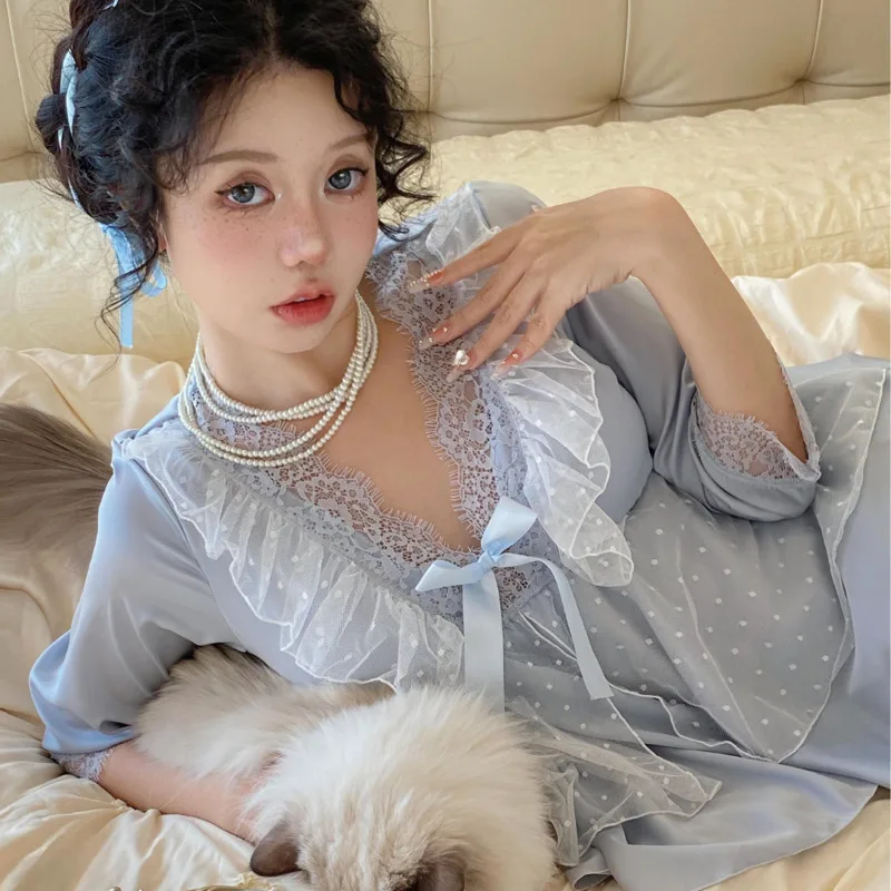 

2026 весна лето новые пижамы с кружевной отделкой в стиле принцессы с v-образным вырезом и бантом из ледяного шелка женские пижамы комплект из 2 предметов ночная рубашка одежда для сна