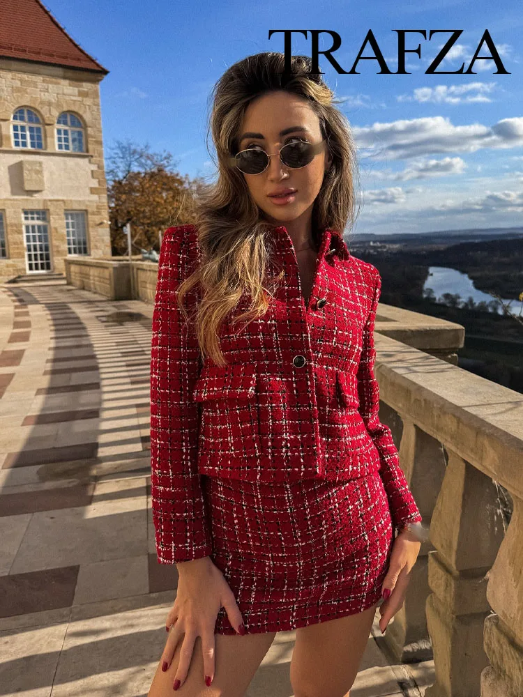 TRAFZA Women 2 Piece Set Elegant Red Texture Single Breasted Pocket Lapel Decorate Jacket Coat+High Waist Side Zipper Culottes