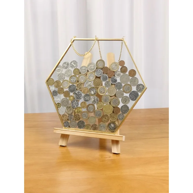 Hexagonal Coin Display Frame Collection Metal Glass of Photo Frame Transparent Decorative Storage Simple Vintage