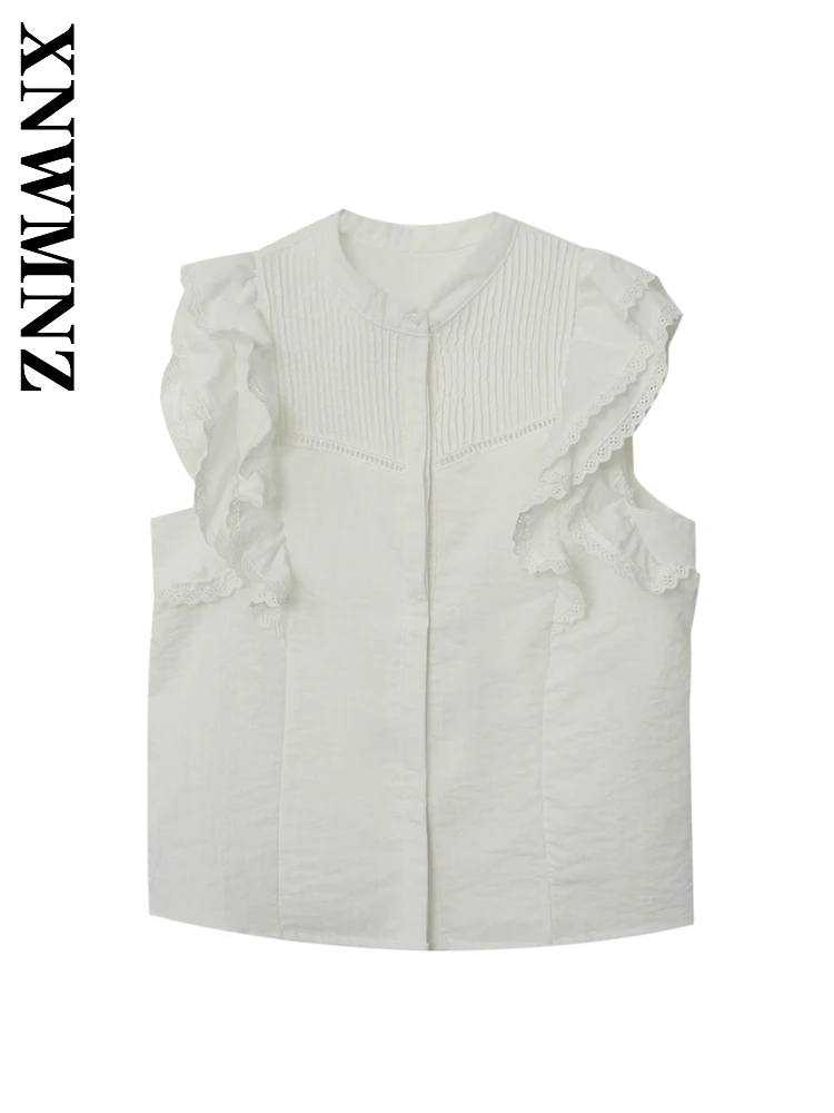 

XNWMNZ 2025 Summer New Women Clothing Commuting Fashion Sleeveless O-Collar Hollow Out Shirt Chic Woman White Top Casual Vest