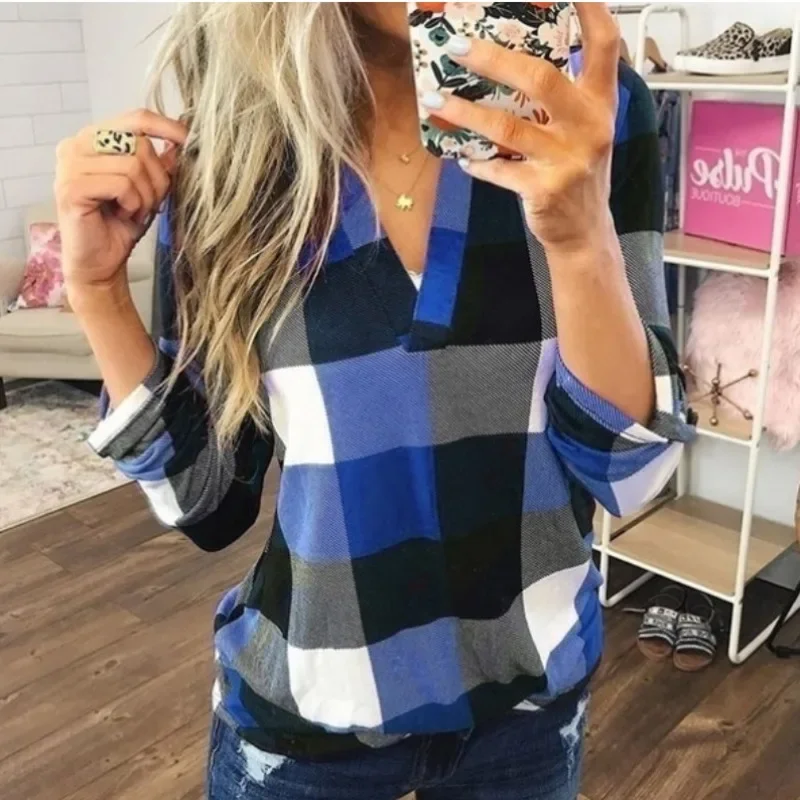 Spring Autumn Vintage Classical Plaid Print V-neck Long Sleeve Casual Pullover Shirt Elegant Fashion Loose Blouse Female Clothes