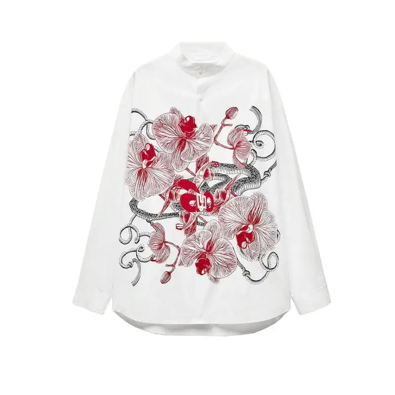 Colletto Zhongan a maniche lunghe con bottone singolo retrò da uomo della nuova primavera stampato irt confortevole vestibilità ampia in fibra di poliestere