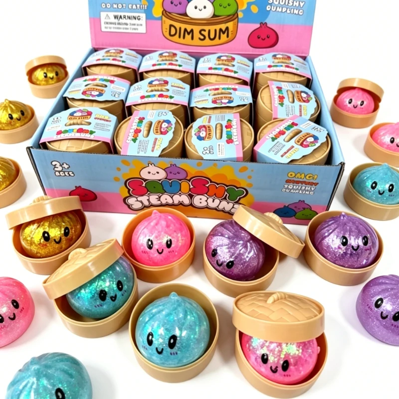 Glitter Dumpling Squishy Maltose Series Sensory Squeeze Toy with Box for Stress Relief Random Color Soft Plush Toys for Kids And