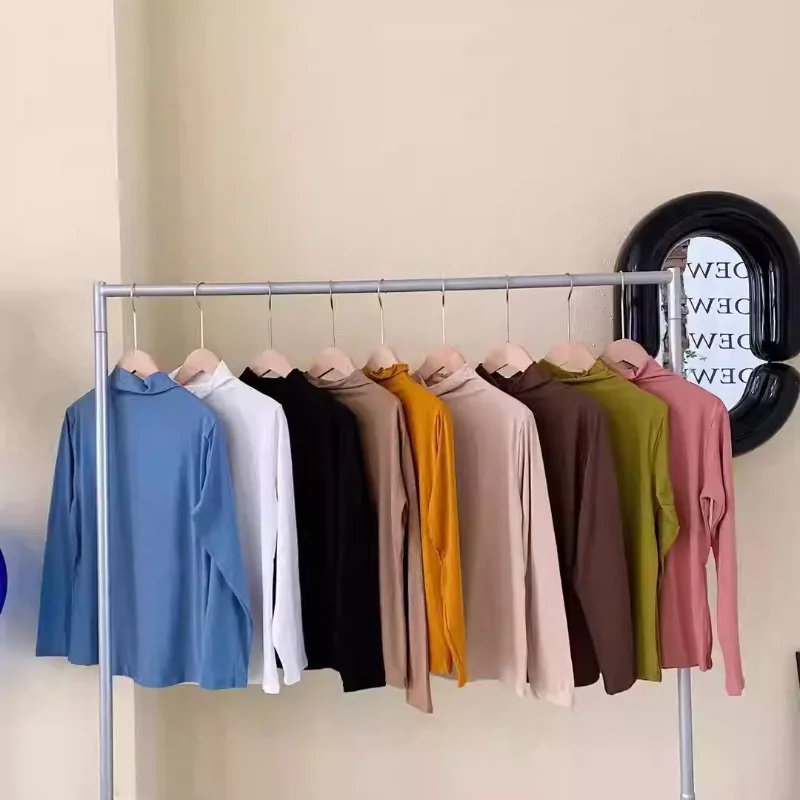 Autumn Winter Women T Shirt Long Sleeve Solid Color Pullover Basic Half Turtleneck Slim Fit Casual Top Korean Fashion Undershirt image 5