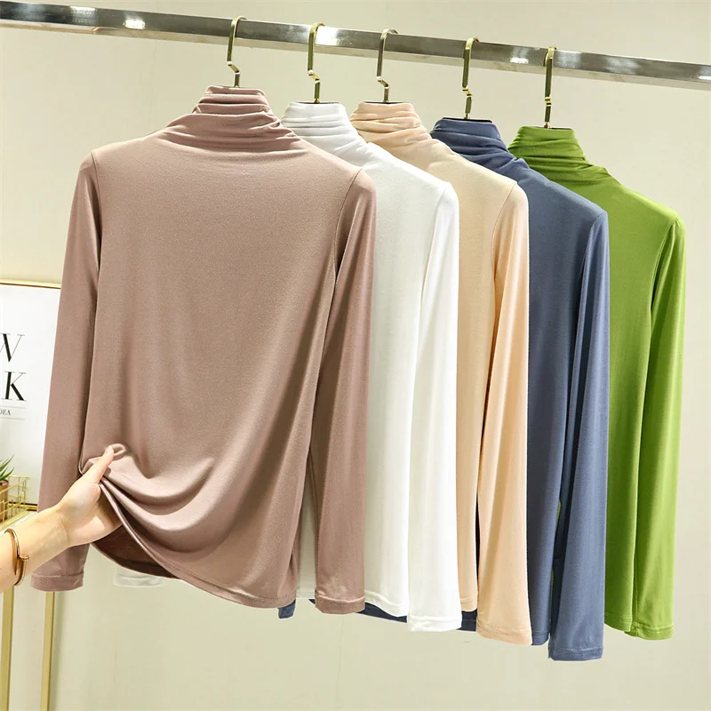 

Women's Slim Fit Modal Long Sve Base irt Spring Autumn High Collar Faionable Inner Wear Summer T-irt Office Sle