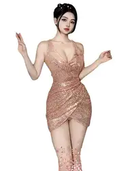 Exotic Summer Fashion Womens Clothing Girl's Style Sparkle Decoration Hanging Neck Bareback Folded Asymmetric Elegant Dress X6I2