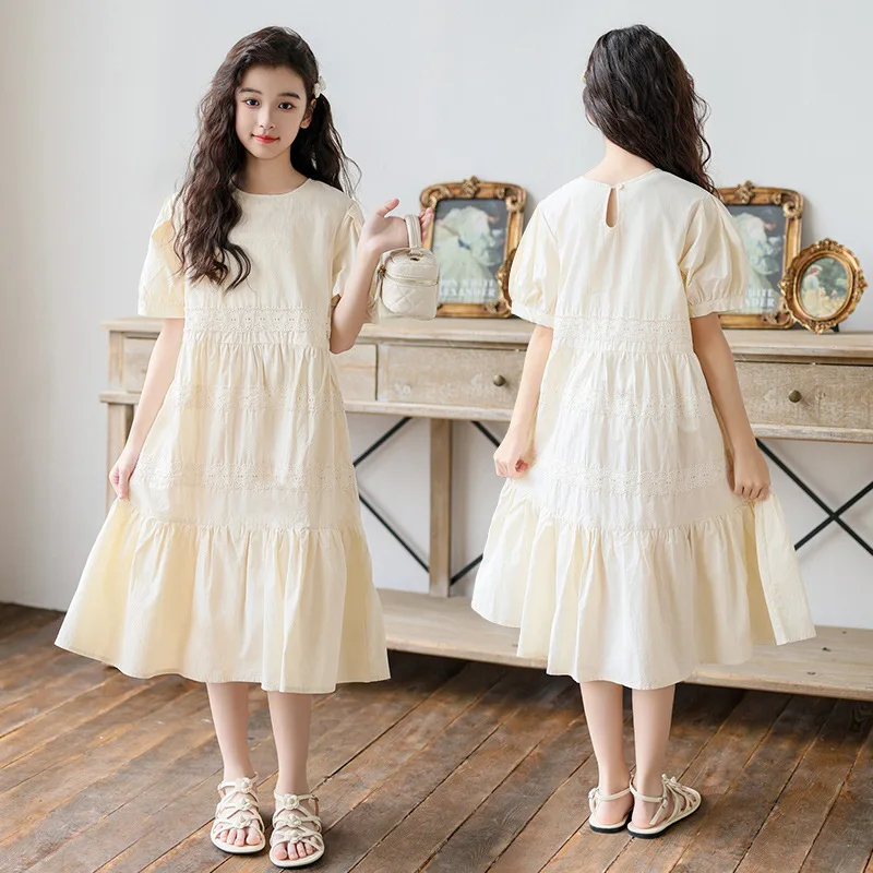 

Girls Beige Lace Tiered Midi Dress Puff Sleeve Round Neck A-Line Casual Dress for Kids 6-14 Year Cotton Children Summer Sundress