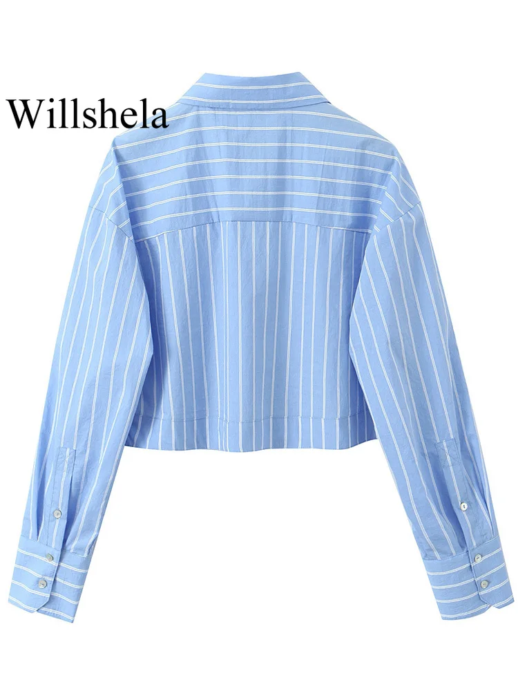 Willshela Women Fashion With Pockets Striped Single Breasted Blouse Vintage Lapel Neck Long Sleeves Female Chic Lady Shirts