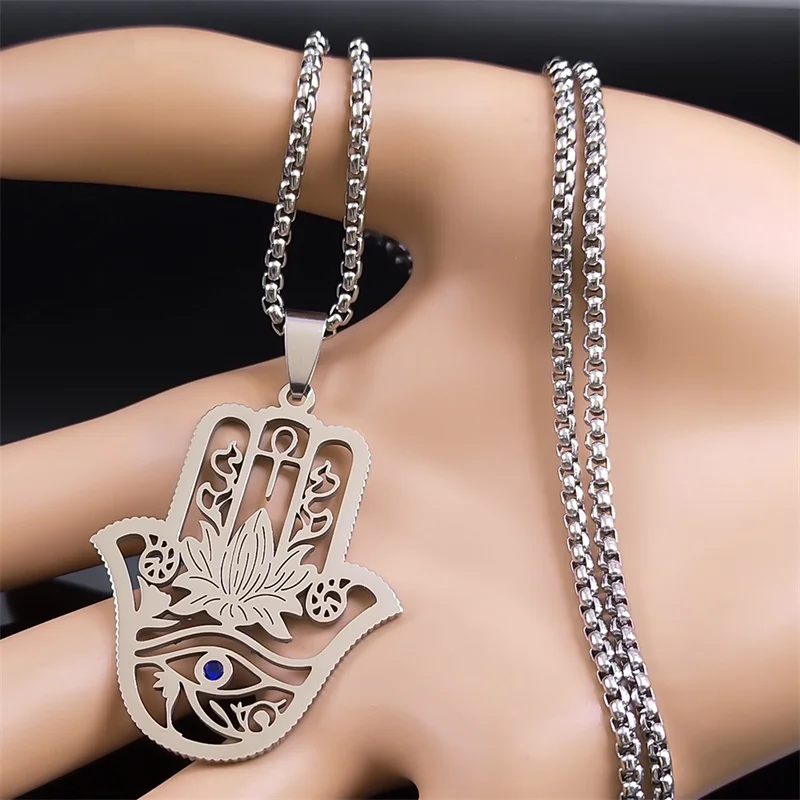 Hamsa Hand Ankh Lotus Necklace for Women Men Stainless Steel Silver Color Egypt Eye of Horus Necklaces Jewelry N8075S02