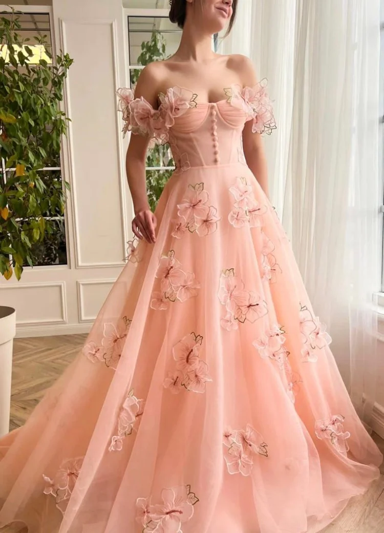 Juliet Peach-Vestido largo de graduación con hombros descubiertos para adolescentes, corsé Floral de encaje 3d, vestido de fiesta de regreso a casa de tul para ocasiones especiales