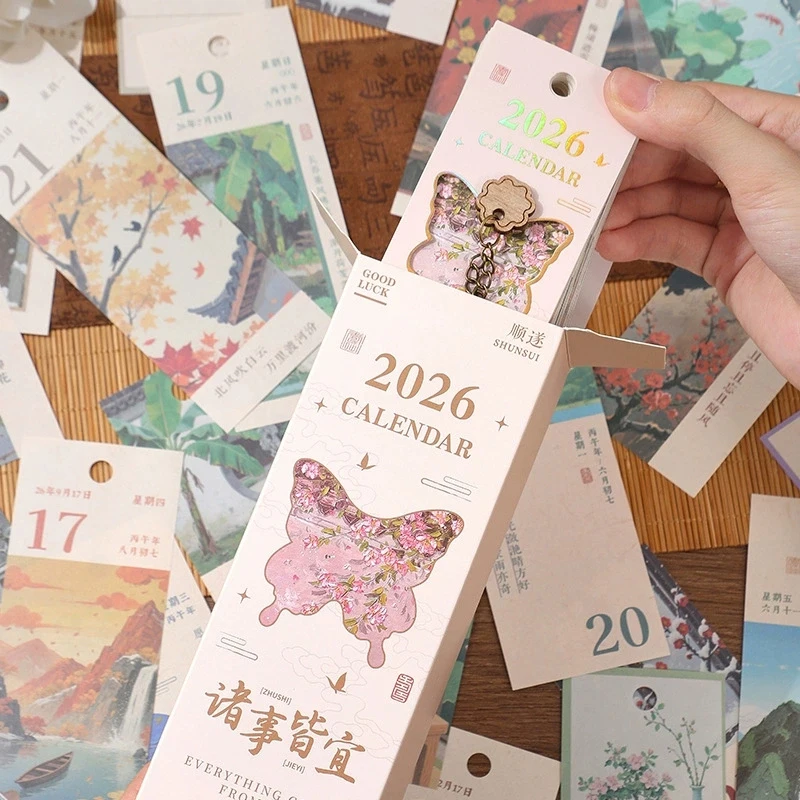 

2026 Desk Calendar With Gold Ring Binding 365 Days Vintage Oil Painting Inspirational Quotes One-Way Page Turn Daily Planner