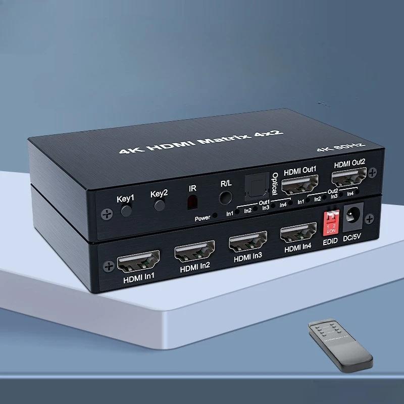 4K HD True Matrix Switch 2x4 4x2 Matrix HDTV Video Switch Splitter 2 In 4 out with Optical & R/L Audio Extractor Dolby HDCP2.2