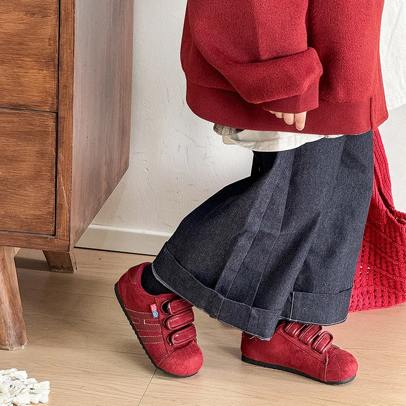 Girls and Boys Solid Color Sewing Design Cotton Shoes 2025 Autumn and Winter New Increase Hook and Loop Design Casual Flat Shoes