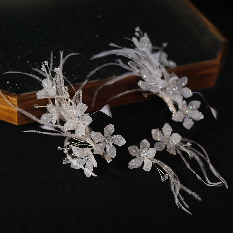 Crystal Flower Beaded Feather Hairpins Mori Atmosphere Wedding Accessories