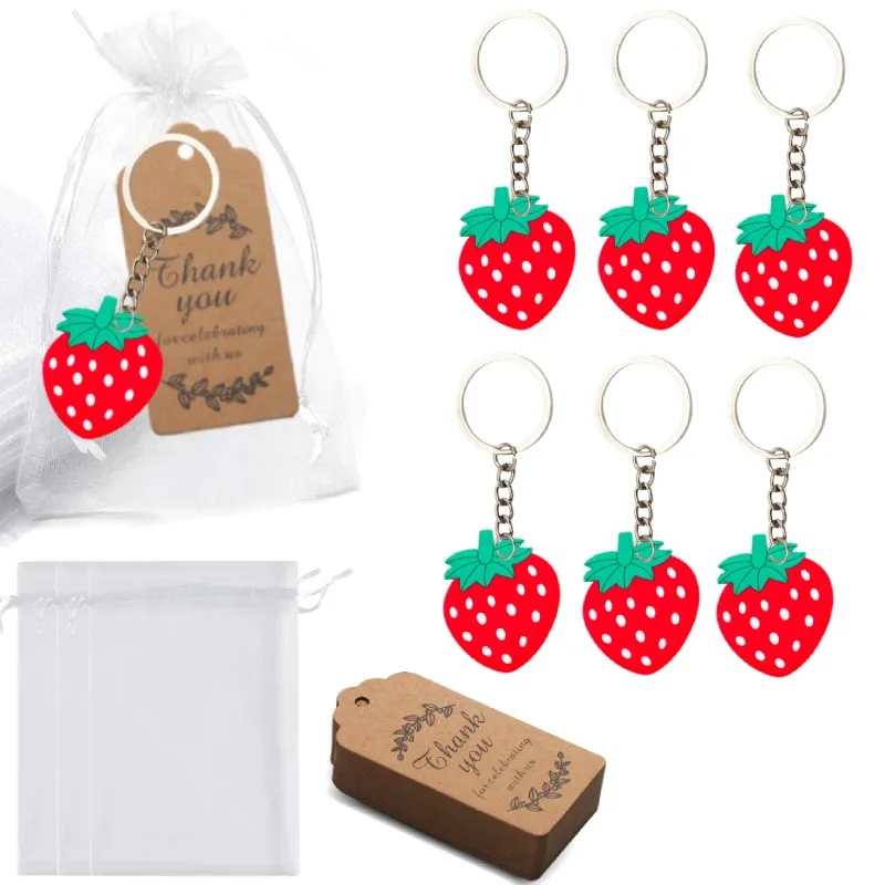 10Sets,Strawberry Keychains for Party Favors with White Goodie Bag Thank You Tags Strawberry Party Supplies